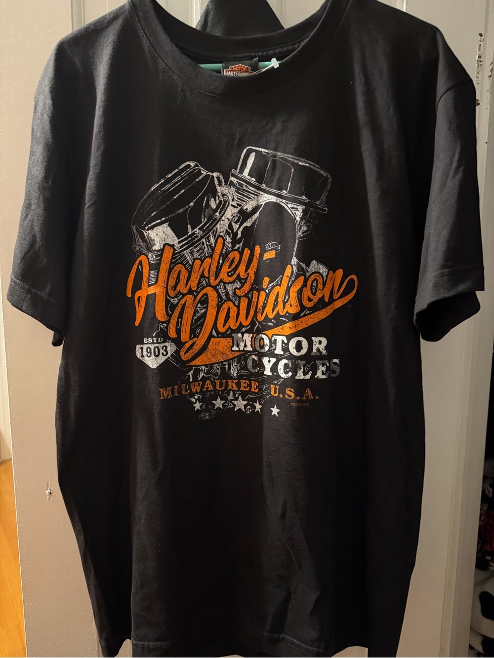 Harley-Davidson Black Tee with Orange & White Motor Graphic